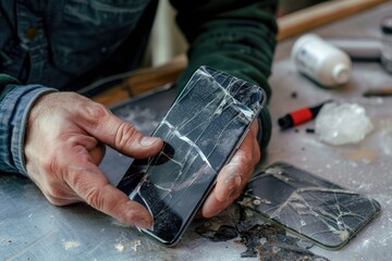 Person Inspecting Damaged Smartphone with Cracked Screen