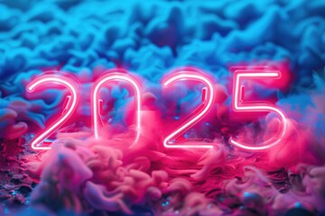 Vibrant Neon 2025 Sign Glowing Pink and Blue Over Wet Reflective Surface