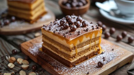 Board with delicious caramel cake on table