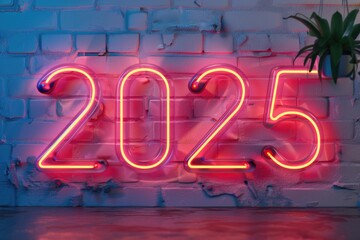 Vibrant Neon 2025 Sign Glowing Pink and Blue Over Wet Reflective Surface