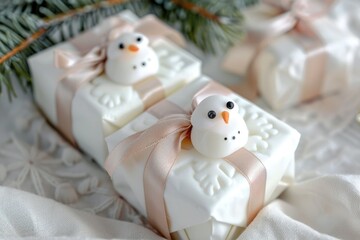 Snowman-Themed Gift Boxes Tied with Brown Ribbon Amidst Holiday Decorations