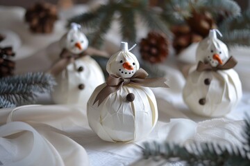 Handcrafted Snowmen Decorations with Carrot Noses and Brown Ribbons on Table