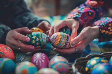 Artisanal hand-painted Easter eggs held by elderly hands showing traditional designs