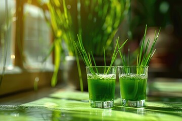 Two glasses of green wheatgrass shots with fresh wheatgrass blades on a reflective surface in daylight