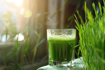 glasses of green wheatgrass shots with fresh wheatgrass blades on a reflective surface in daylight