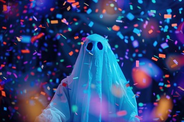 Person in ghost costume with outstretched arms amidst falling confetti, party mood with colorful background