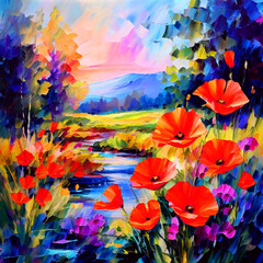 colourful watercolour oil painting of garden splash colour of California-poppy flowers