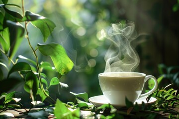 Steaming cup of coffee in the sunlight on a wooden surface surrounded by green foliage in a serene setting