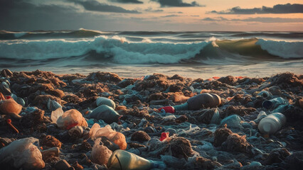 Environmental protection concept. Garbage dump on the seashore. - obrazy, fototapety, plakaty