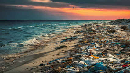 Environmental protection concept. Garbage dump on the seashore.