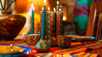 A goldenrod setting with "Kwanzaa" boldly displayed, adorned with symbolic candles and vibrant African patterns.