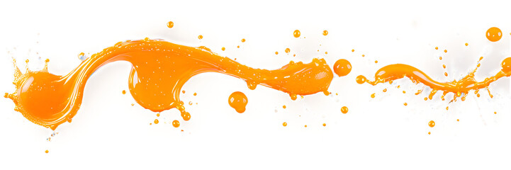 Set of orange liquid splashes transparent PNG background, swirls and waves splashing with droplets for ads and promo design