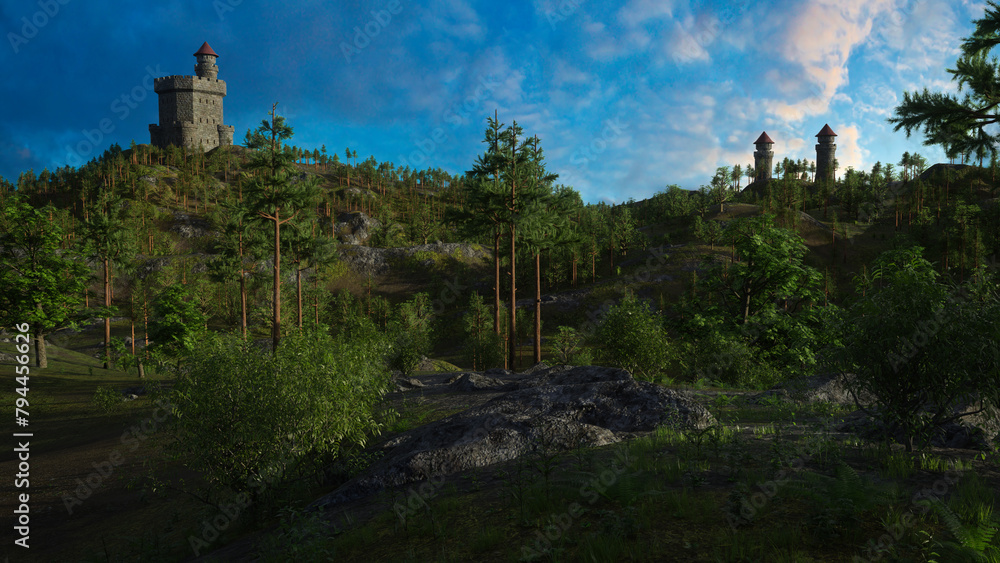 Poster medieval forest landscape with castle tower on top of a hill. 3d render.