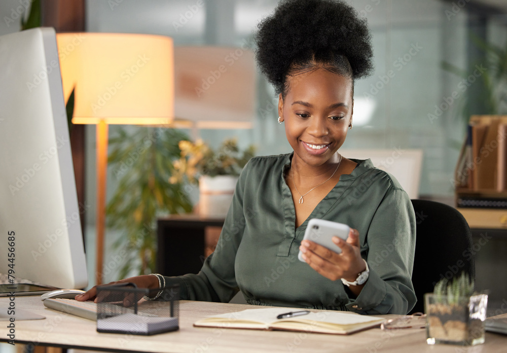 Poster communication, smile and technology with business black woman at desk in office for administration o