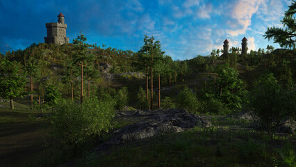 Fototapeta na wymiar Medieval forest landscape with castle tower on top of a hill. 3D render.