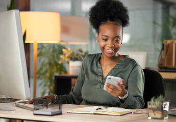 Communication, smile and technology with business black woman at desk in office for administration...