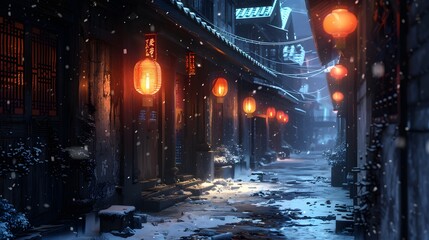 A narrow alleyway illuminated by the soft glow of lanterns, with footsteps visible in the freshly...