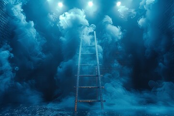 A tower reaches into electric blue clouds in a dark room