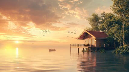 Serene lakeside cabin at sunrise with birds flying and boat on calm water