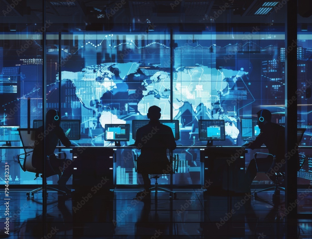 Poster a high-tech office scene depicts business people sitting at desks, working on computers and surround