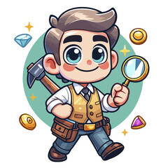 Animated Prospector Boy with Pickaxe and Magnifying Glass, Gem Hunting Adventure, Turquoise Circle with Copy Space