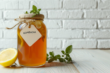 Amber kombucha in a labeled glass jar surrounded by fresh mint and lemon on a light-colored wooden table against a white brick wall. Copy space - 794458696