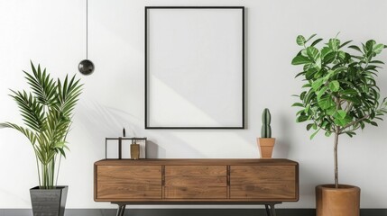 blank poster frame mockup on white wall living room with wooden sideboard with small green plant