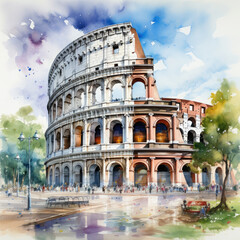 Watercolor colosseum, clipart Illustration, Generative Ai