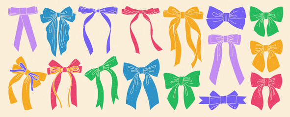 Ribbon bows vintage set with grunge effect. Trendy tape icons for celebrations Valentines Day, wedding birthday decoration. Various cartoon bow knot gift ribbon. Cute textured art vector illustration