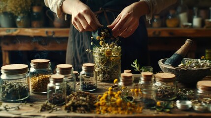 Person Preparing Herbal Remedies in a Rustic Kitchen Setting