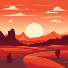 Desert landscape abstract art background. Sunrise sunset in Texas western mountains and cactuses. Vector illustration of Wild West desert with red sky and sun