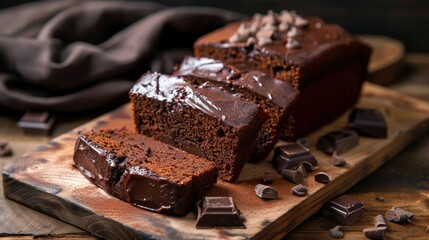 Chocolate pound cake. Loaf of cake sliced into pieces and served with chocolate ganache cream. Brown wooden background. Dark mood.