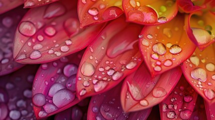 Colorful dahlia petals and raindrops captured in a garden during rain