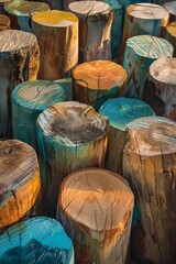 Delve into an abstract forest of wooden stumps, where warm earth tones blend with soft pastel hues
