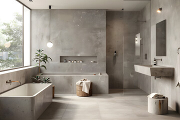 Contemporary modern bathroom interior in grey colors, concrete and marble elements.