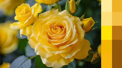 
Imagine a harmonious color palette inspired by yellow roses, featuring shades ranging from soft buttery yellows to rich golden tones. 