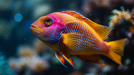 Underwater reef close up of multi colored fish