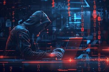 a hacker man in a hood with his laptop sits at a table with binary code in the background. - obrazy, fototapety, plakaty