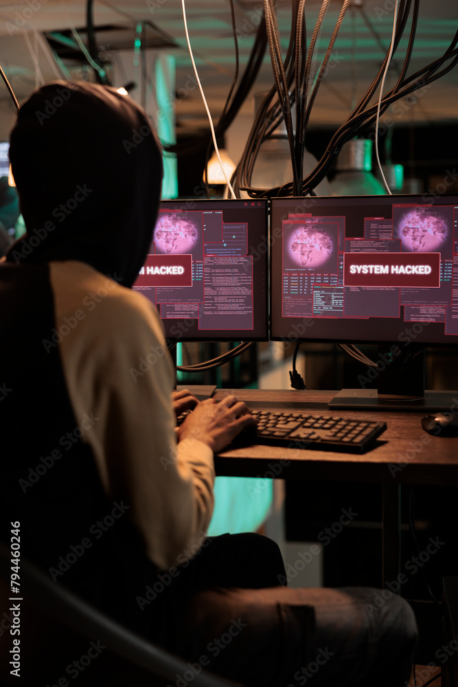 Poster cyberattack, system hacked warning on screen, computer security technology, information leak, hacker