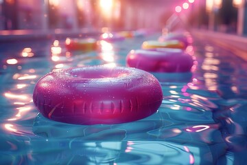 Light pink floats drift in pool, adding fun to water - obrazy, fototapety, plakaty