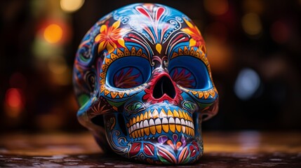 Colorful hand-painted Mexican skull celebrating Day of the Dead traditions