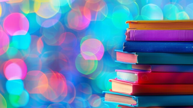 Defocused image of a colorful stack of books showcasing the broad spectrum of knowledge that education provides. The blurred background symbolizes the endless possibilities that learning .