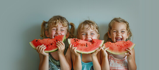 Cute Summer Kids Eating Watermelon on a Red Background with Space for Copy
