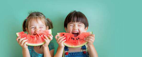 Cute Summer Kids Eating Watermelon on a Green Background with Space for Copy