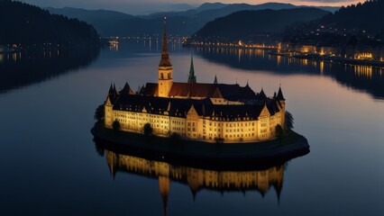 Fototapeta premium Illuminated Island Castle at Dusk