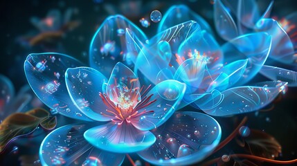 
Picture a mesmerizing scene of surreal digital art featuring luminescent flowers glowing with an ethereal glow. This captivating artwork, generated by artificial intelligence