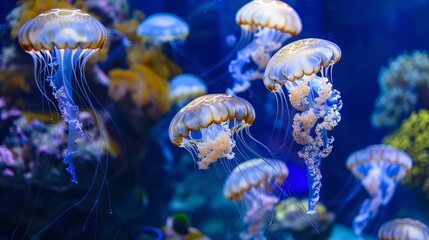 Visualize the serene beauty of jellyfish gracefully swimming in an aquarium, their translucent bodies gently pulsating as they glide through the water.  - obrazy, fototapety, plakaty