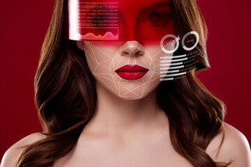 Composite collage picture image of cool confident woman nude red plastic eyewear scan face beauty device skin analyzing