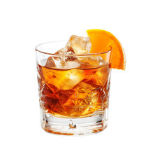 refreshing cold old fashioned cocktail with ice and orange slice PNG transparent background isolated graphic resource
