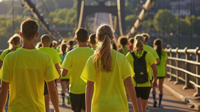A group of tourists all wearing matching neon yellow running shirts walk across the bridge taking in the sights and snapping pictures . .
